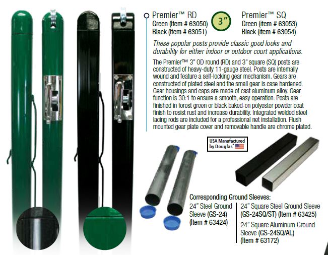 Douglas Premier RD or SQ Pickleball Posts - 3" Diameter - DIY Court Canada